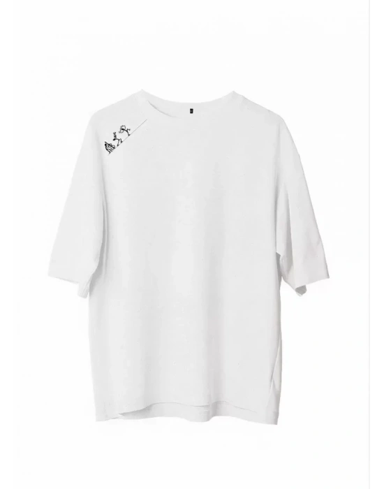 Unisex Bisiklet Yaka Baskılı Oversize T-Shirt - Beyaz