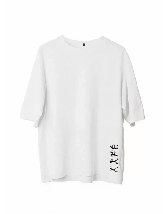Unisex Bisiklet Yaka Baskılı Oversize T-Shirt - Beyaz