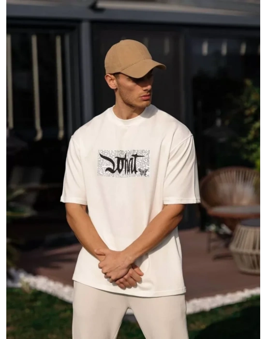 Unisex Bisiklet Yaka Baskılı Oversize T-Shirt - Beyaz