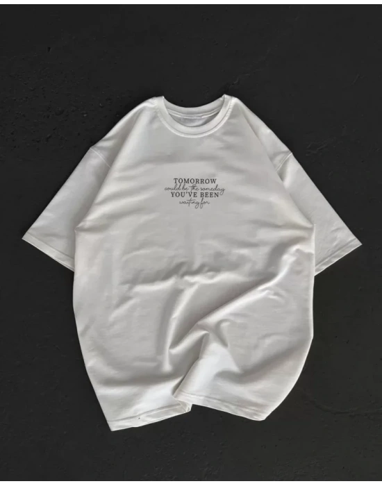 Unisex Bisiklet Yaka Baskılı Oversize T-Shirt - Beyaz