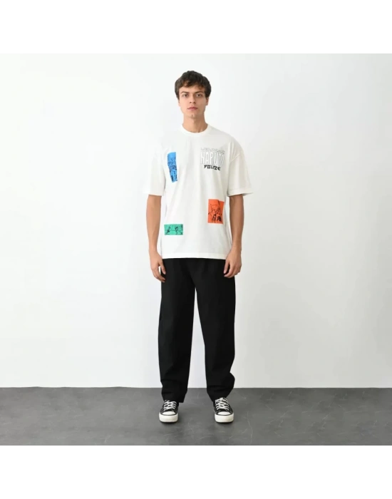 Unisex Bisiklet Yaka Baskılı Oversize T-Shirt - Beyaz