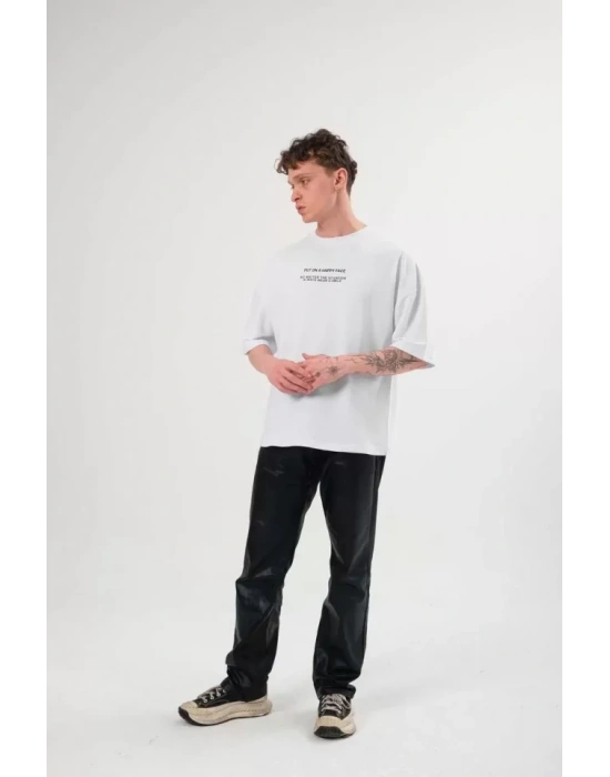 Unisex Bisiklet Yaka Baskılı Oversize T-Shirt - Beyaz