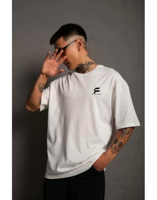 Unisex Bisiklet Yaka Baskılı Oversize T-Shirt - Beyaz