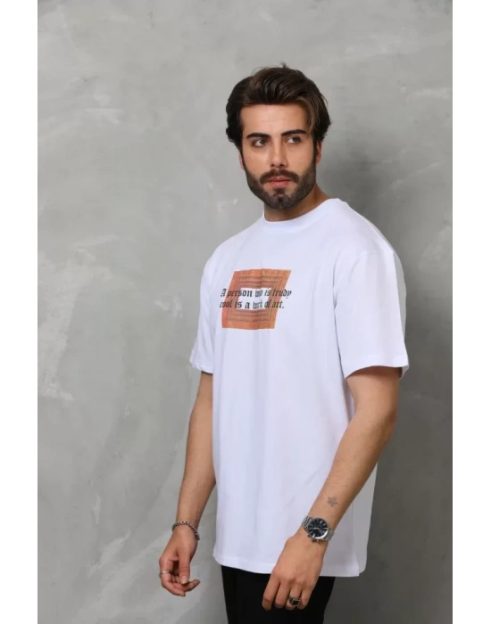 Unisex Bisiklet Yaka Baskılı Oversize T-Shirt - Beyaz