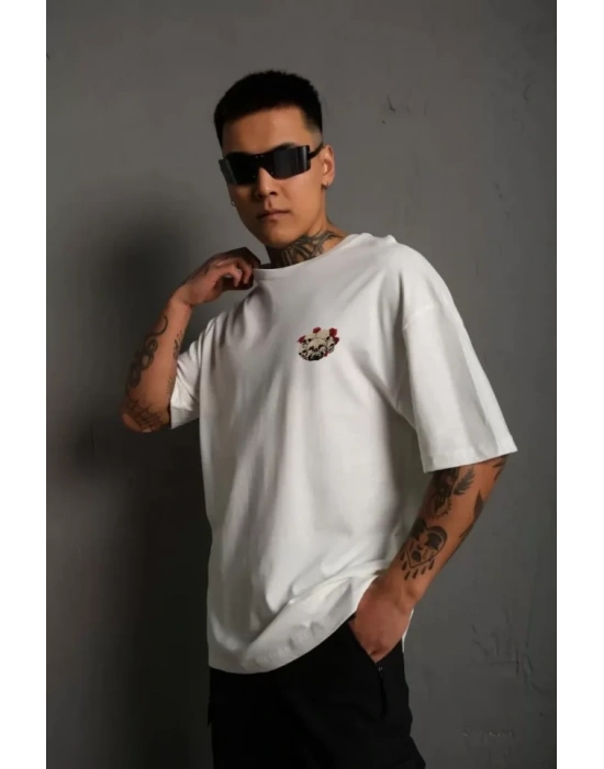 Unisex Bisiklet Yaka Baskılı Oversize T-Shirt - Beyaz