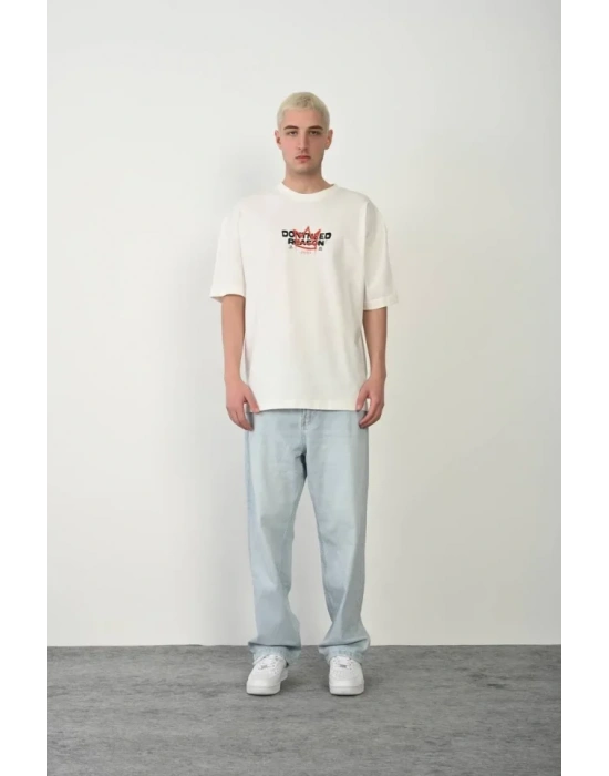 Unisex Bisiklet Yaka Baskılı Oversize T-Shirt - Beyaz