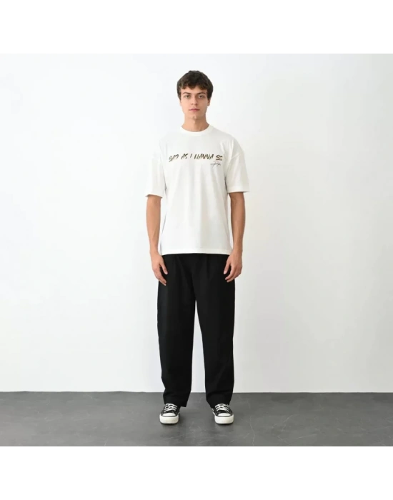 Unisex Bisiklet Yaka Baskılı Oversize T-Shirt - Beyaz