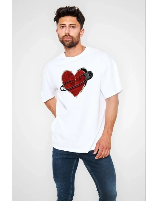 Unisex Bisiklet Yaka Baskılı Oversize T-Shirt - Beyaz