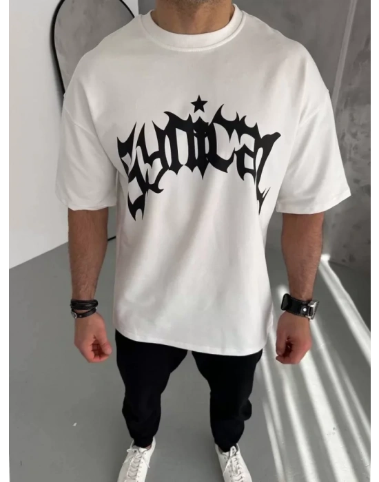 Unisex Bisiklet Yaka Baskılı Oversize T-Shirt - Beyaz