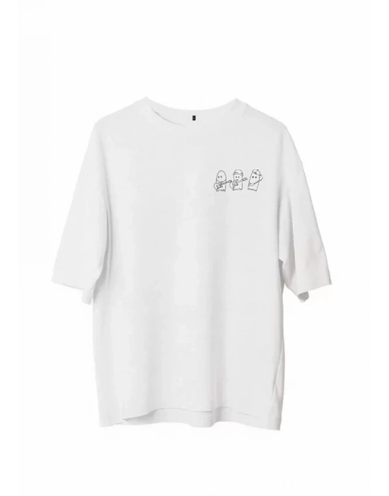 Unisex Bisiklet Yaka Baskılı Oversize T-Shirt - Beyaz