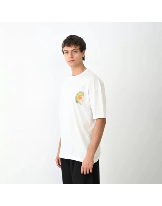 Unisex Bisiklet Yaka Baskılı Oversize T-Shirt - Beyaz