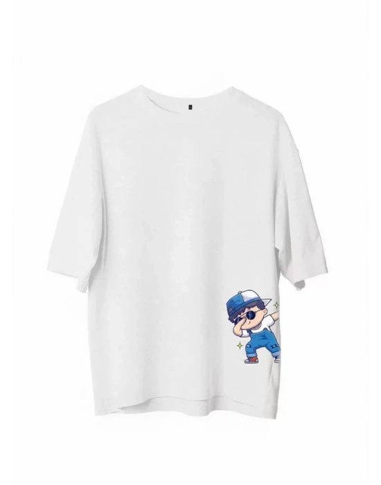 Unisex Bisiklet Yaka Baskılı Oversize T-Shirt - Beyaz