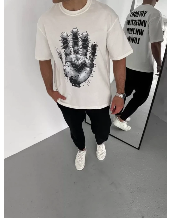 Unisex Bisiklet Yaka Baskılı Oversize T-Shirt - Beyaz