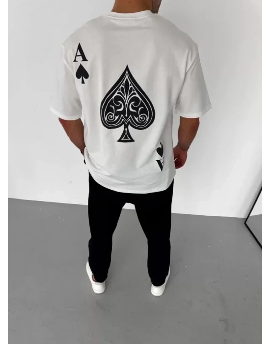 Unisex Bisiklet Yaka Baskılı Oversize T-Shirt - Beyaz