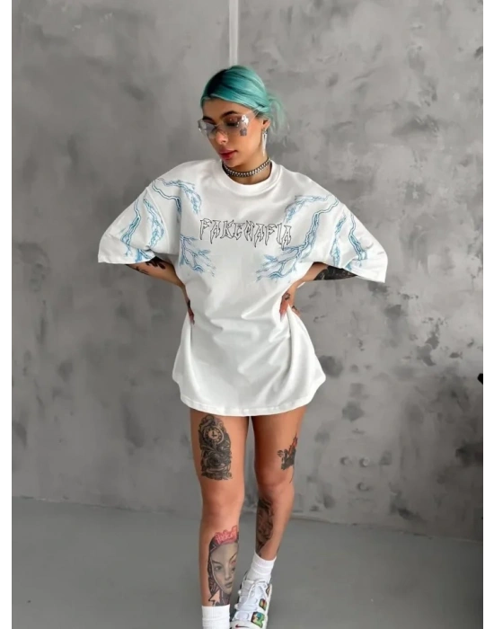 Unisex Bisiklet Yaka Baskılı Oversize T-Shirt - Beyaz