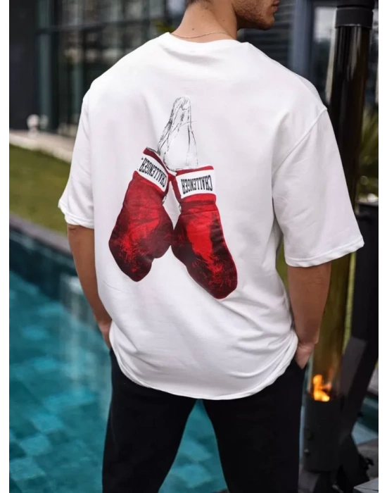 Unisex Bisiklet Yaka Baskılı Oversize T-Shirt - Beyaz