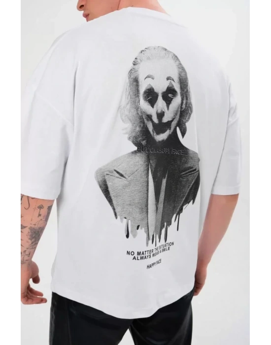 Unisex Bisiklet Yaka Baskılı Oversize T-Shirt - Beyaz