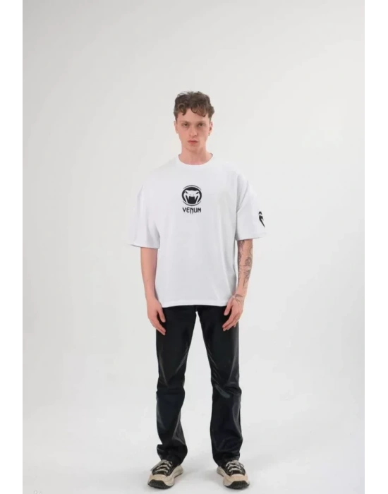 Unisex Bisiklet Yaka Baskılı Oversize T-Shirt - Beyaz