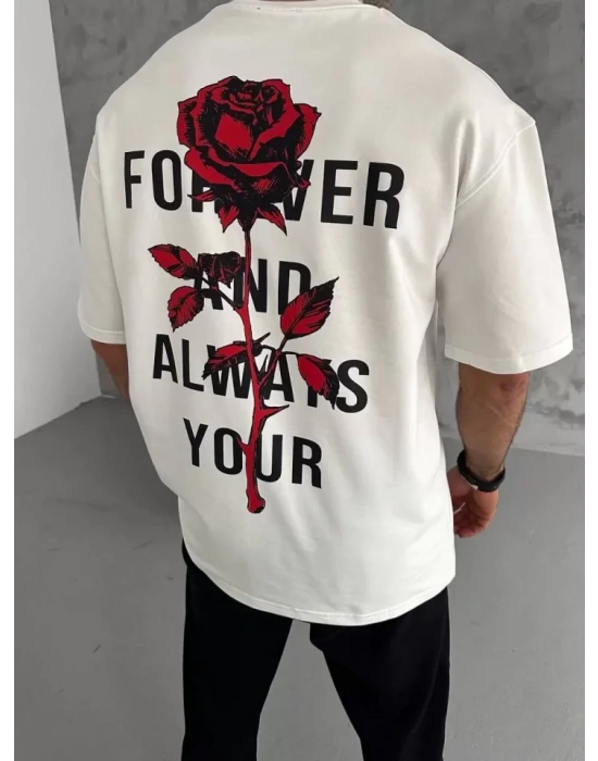 Unisex Bisiklet Yaka Baskılı Oversize T-Shirt - Beyaz