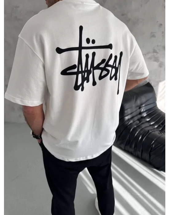 Unisex Bisiklet Yaka Baskılı Oversize T-Shirt - Beyaz