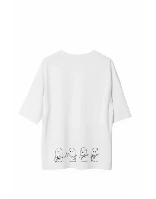 Unisex Bisiklet Yaka Baskılı Oversize T-Shirt - Beyaz