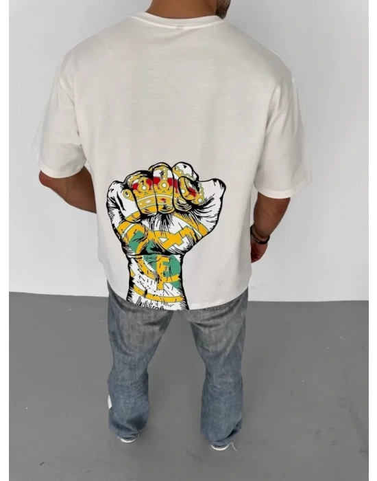 Unisex Bisiklet Yaka Baskılı Oversize T-Shirt - Beyaz