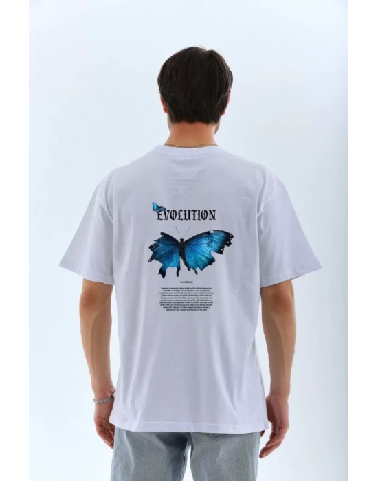 Unisex Bisiklet Yaka Baskılı Oversize T-Shirt - Beyaz