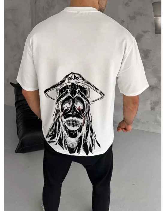 Unisex Bisiklet Yaka Baskılı Oversize T-Shirt - Beyaz