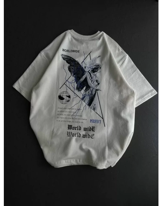 Unisex Bisiklet Yaka Baskılı Oversize T-Shirt - Beyaz