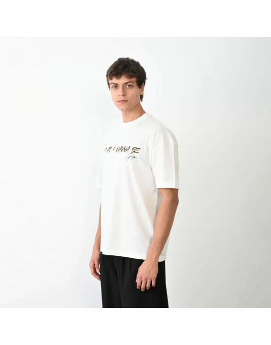 Unisex Bisiklet Yaka Baskılı Oversize T-Shirt - Beyaz