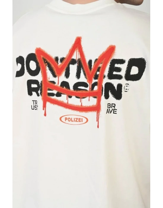 Unisex Bisiklet Yaka Baskılı Oversize T-Shirt - Beyaz