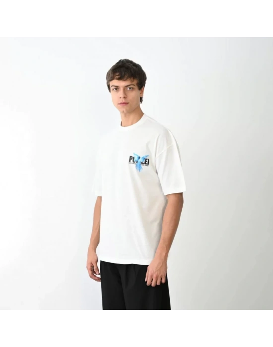 Unisex Bisiklet Yaka Baskılı Oversize T-Shirt - Beyaz