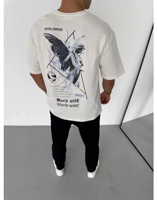 Unisex Bisiklet Yaka Baskılı Oversize T-Shirt - Beyaz