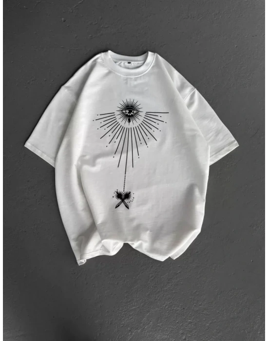 Unisex Bisiklet Yaka Baskılı Oversize T-Shirt - Beyaz