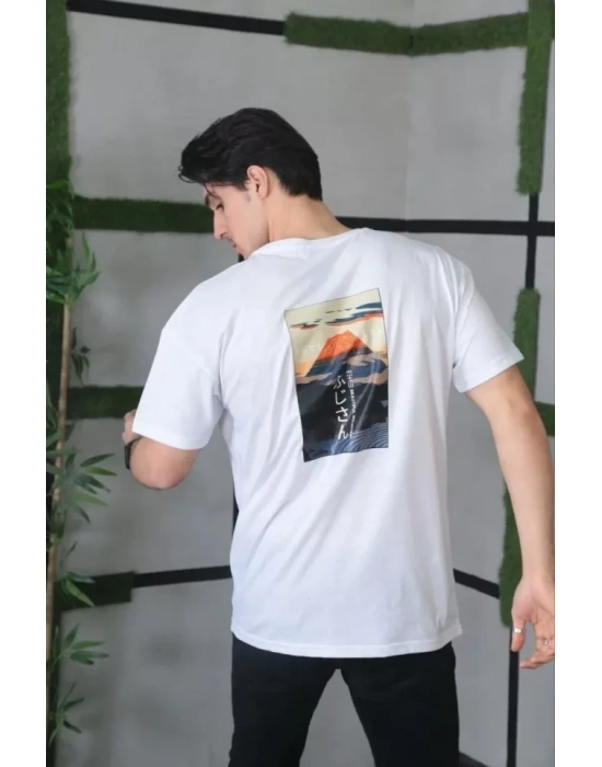 Unisex Bisiklet Yaka Baskılı Oversize T-Shirt - Beyaz