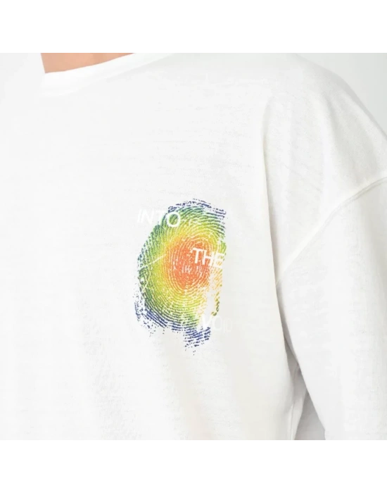 Unisex Bisiklet Yaka Baskılı Oversize T-Shirt - Beyaz