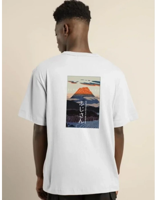 Unisex Bisiklet Yaka Baskılı Oversize T-Shirt - Beyaz