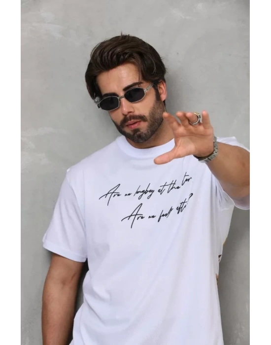 Unisex Bisiklet Yaka Baskılı Oversize T-Shirt - Beyaz