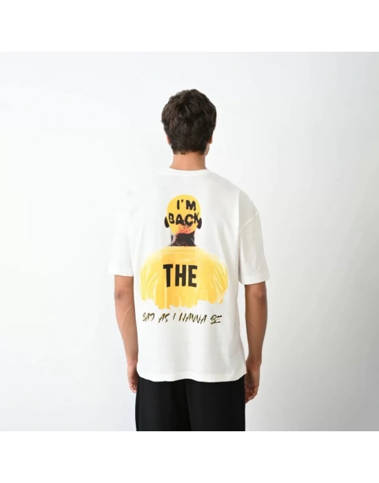 Unisex Bisiklet Yaka Baskılı Oversize T-Shirt - Beyaz