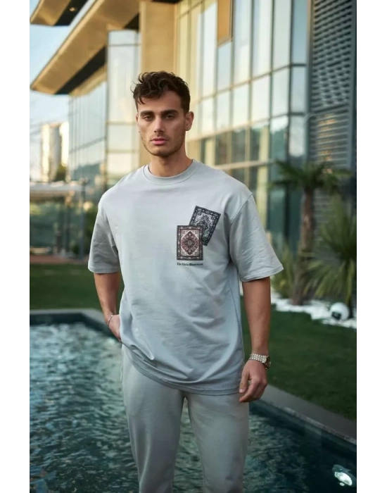 Unisex Bisiklet Yaka Baskılı Oversize T-Shirt - Boyalı Gri