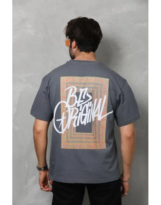 Unisex Bisiklet Yaka Baskılı Oversize T-Shirt - Füme