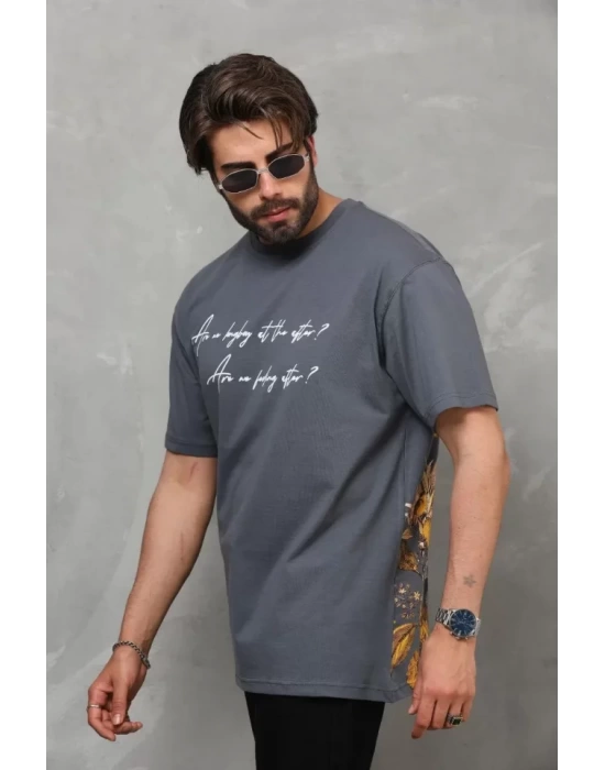 Unisex Bisiklet Yaka Baskılı Oversize T-Shirt - Füme