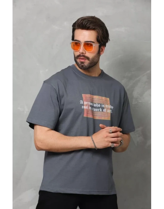 Unisex Bisiklet Yaka Baskılı Oversize T-Shirt - Füme