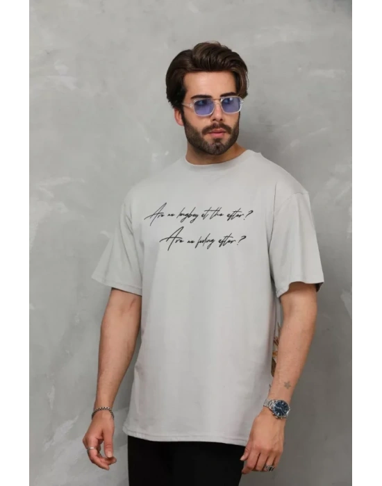 Unisex Bisiklet Yaka Baskılı Oversize T-Shirt - Gri