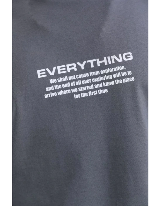 Unisex Bisiklet Yaka Baskılı Oversize T-Shirt - Gri