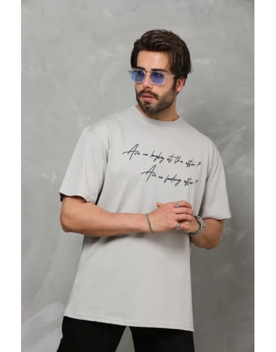 Unisex Bisiklet Yaka Baskılı Oversize T-Shirt - Gri