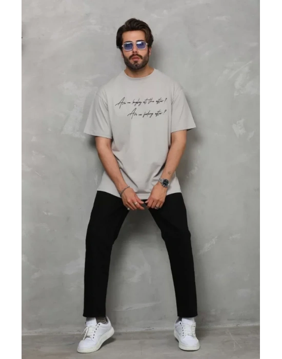 Unisex Bisiklet Yaka Baskılı Oversize T-Shirt - Gri