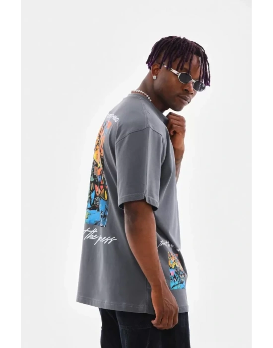 Unisex Bisiklet Yaka Baskılı Oversize T-Shirt - Gri