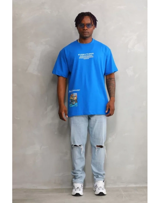 Unisex Bisiklet Yaka Baskılı Oversize T-Shirt - Mavi