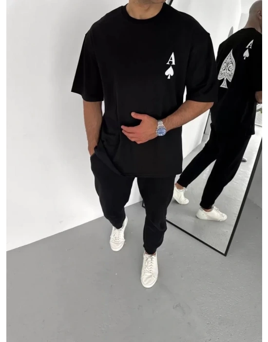 Unisex Bisiklet Yaka Baskılı Oversize T-Shirt - Siyah